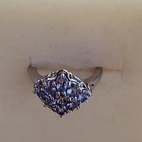 Tanzanite Cluster Ring Platinum Over Sterling Silver Size 6 - Picture 9 of 10